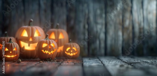 Glowing Jack-O-Lanterns Lining Wooden Steps on Halloween Night