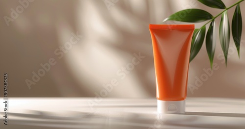 Orange Cosmetic Cream Tube on Surface With Green Leaf in Soft Lighting