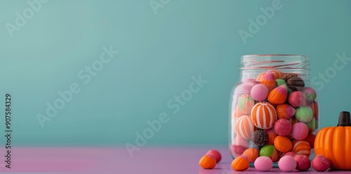 Colorful Halloween Candy in Jar With Mini Pumpkins and Festive Background