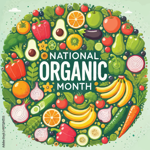 illustration of a variety of organic fruits and vegetables arranged in a circular pattern