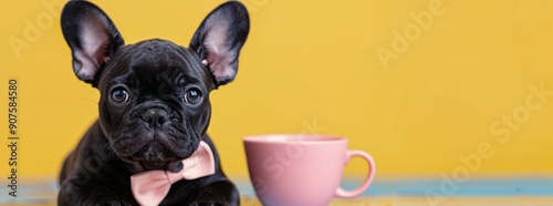 French Bulldog Puppy With Pink Bow Tie Against Colorful Background