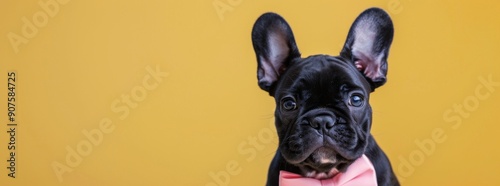 Cute French Bulldog Wearing Bow and Scarf Against Bright Yellow Background