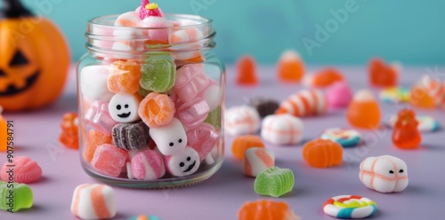 Colorful Candy Jar With Festive Decor and Sweet Treats on a Vibrant Table
