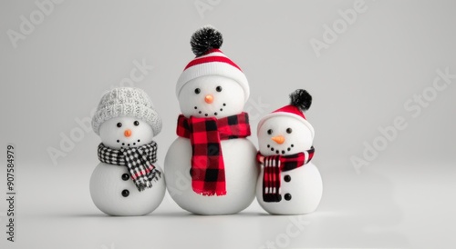 Cheerful Snowmen Dressed in Winter Gear on a Soft White Background