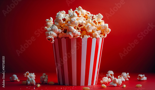 Freshly Popped Popcorn in Red and White Striped Container © Анна Терелюк