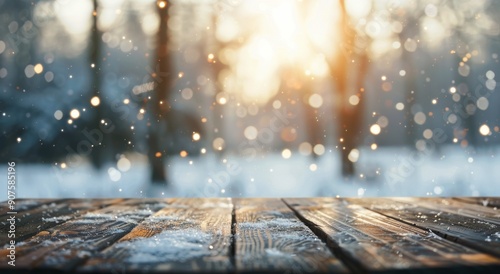 Sunset Over Snowy Forest With Falling Snowflakes on Wooden Table in Winter