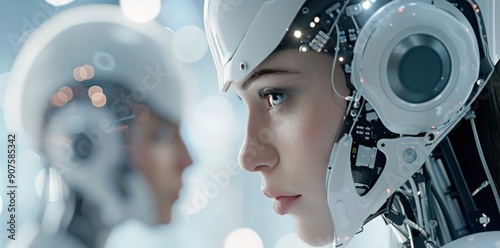 Futuristic Female Robot Portrait With Advanced Technology Features in a High-...