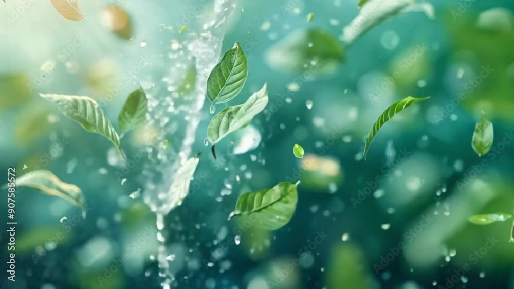 Green spring leaves falling gently in a serene, slow-motion dance