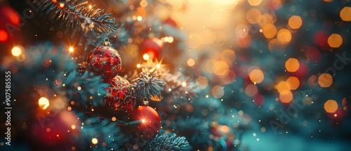 A beautiful Christmas tree adorned with red ornaments, sparkling lights, and a cozy winter atmosphere for festive celebrations.