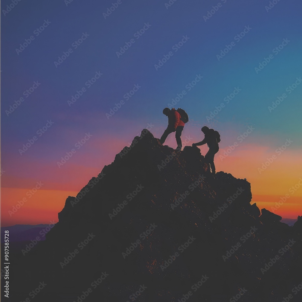 Silhouettes of a hiker helping a friend climb a rocky peak as the sky transitions from day to dusk. Silhouettes of a hiker helping a friend climb a rocky peak as the sky transitions from day to dusk.