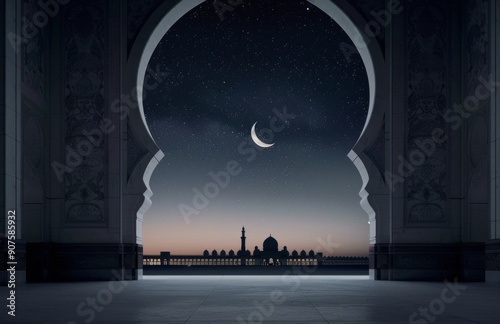 Majestic Mosque Archways Under Crescent Moonlight at Dusk