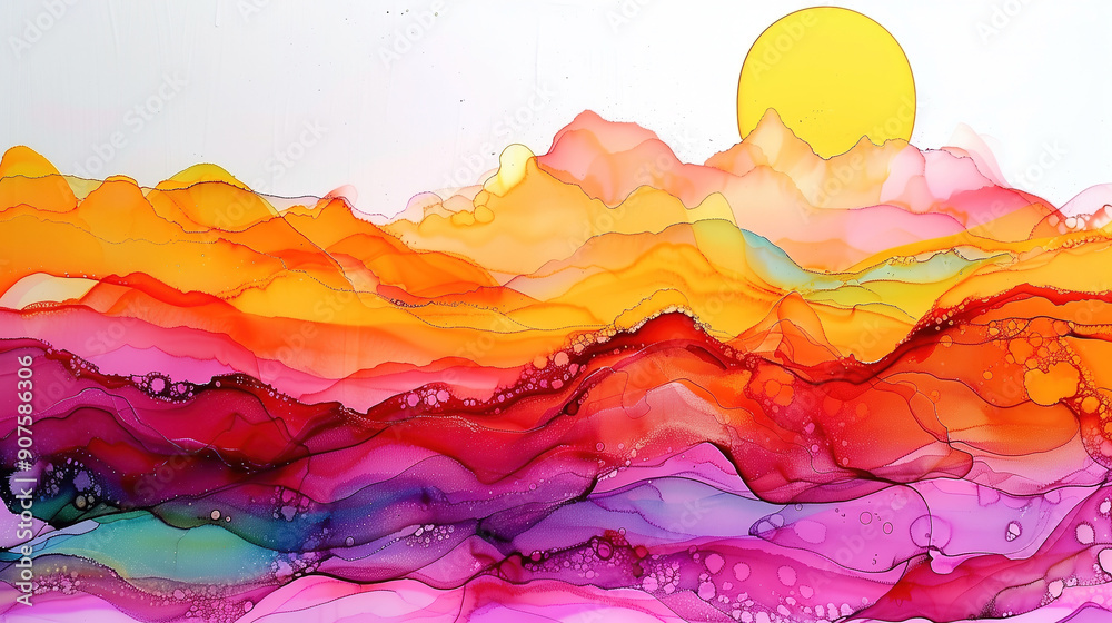 Vibrant marble ink texture background with sunset and colorful mountain peaks Vibrant marble ink texture background with sunset and colorful mountain peaks
