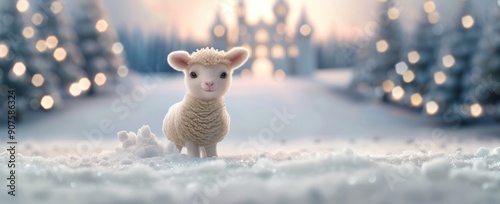 Snowy Landscape With a Cute Lamb Among Frosty Trees at Dusk