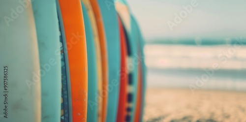 Colorful Surfboards Lined Up on a Beach Near the Ocean on a Sunny Day
