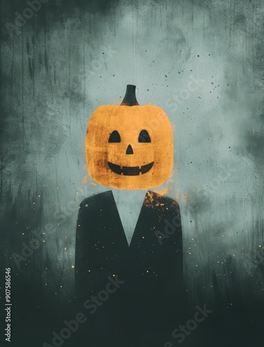 Pumpkin Head Figurine in Dark Suit Against Grunge Background