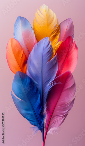 Colorful Feathers Arranged on Soft Pink Background