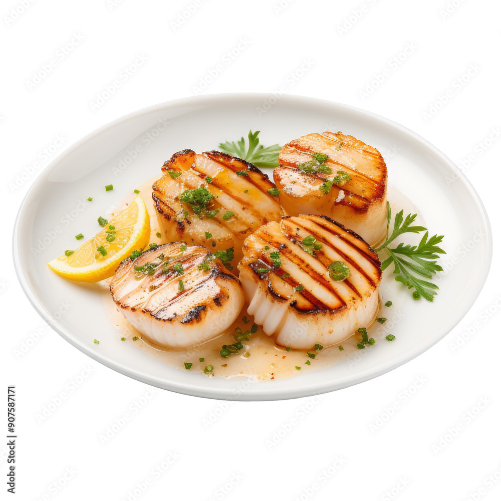 grilled scallops in dish isolated on white grilled scallops in dish isolated on white