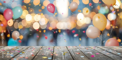 Colorful Balloons Floating Above Busy Street During Festive Evening Celebration