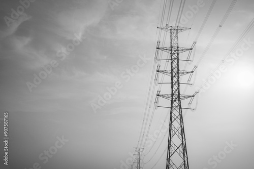 power towers in black and white photo