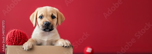 Adorable Puppy Peeking From Cardboard Box Against Bright Red Background