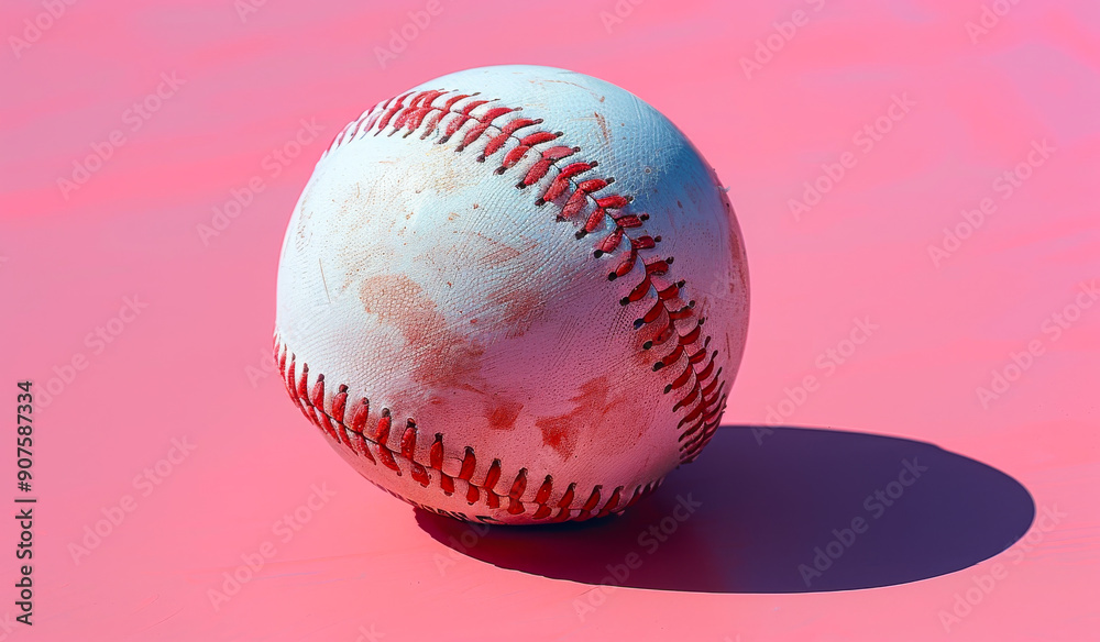 Weathered Baseball on Pink Surface With Shadow. A worn baseball with visible dirt sits on a vibrant pink surface Weathered Baseball on Pink Surface With Shadow. A worn baseball with visible dirt sits on a vibrant pink surface