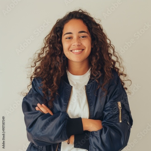 Medium shot of Portrait of happy mixed race woman with curly hair wearing bomber jacket and white t-shirt standing smiling arms crossed,