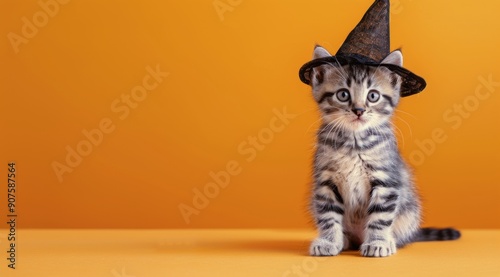 Adorable Kitten Wearing Witch Hat Against Orange Background With Pumpkins