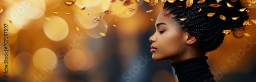 Young Woman Contemplating Under Golden Autumn Leaves in a Park