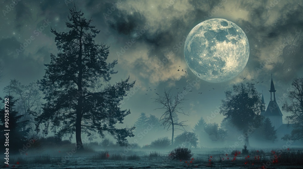 A creepy Halloween sky with a foggy full moon, haunted trees, and distant church bells. A creepy Halloween sky with a foggy full moon, haunted trees, and distant church bells.