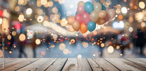 Colorful Balloons Floating Above Busy Street During Festive Evening Celebration