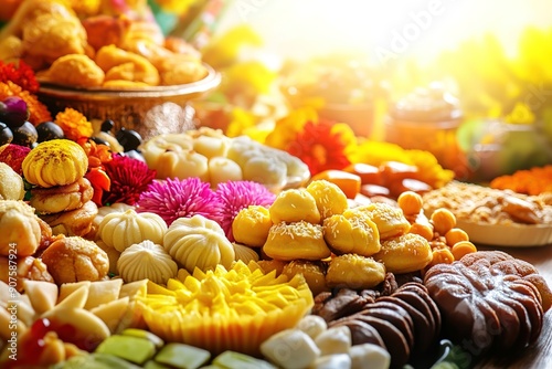 A vibrant display of Deepavali sweets with colorful mithai and fresh flowers with copyspace. photo