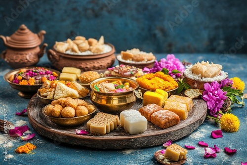 A vibrant display of Deepavali sweets with colorful mithai and fresh flowers with copyspace. photo