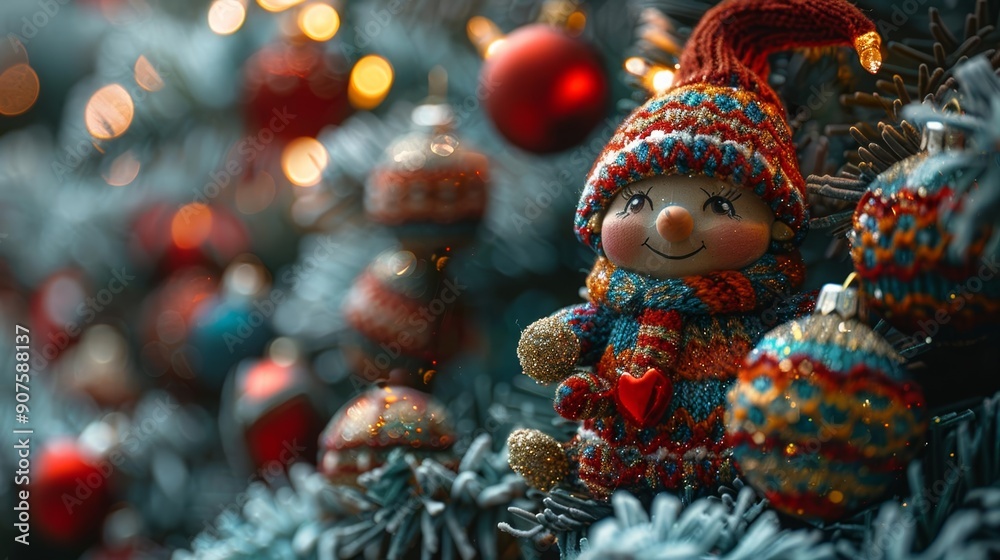 A charming decorative figure amidst festive ornaments on a Christmas tree, capturing the warmth and joy of the holiday season. A charming decorative figure amidst festive ornaments on a Christmas tree, capturing the warmth and joy of the holiday season.