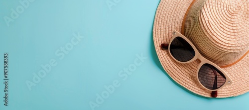 Summer Hat and Sunglasses on Light Blue Background
