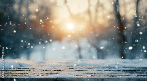 Sunset Over Snowy Forest With Falling Snowflakes on Wooden Table in Winter