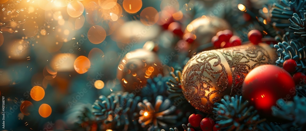 A close-up of festive Christmas ornaments nestled among pine branches, capturing the warmth and sparkle of holiday cheer. A close-up of festive Christmas ornaments nestled among pine branches, capturing the warmth and sparkle of holiday cheer.