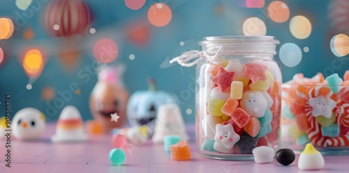 Colorful Candy Jar With Festive Decor and Sweet Treats on a Vibrant Table