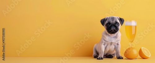 Pug Surrounded By Colorful Decorations And Drinks On A Yellow Background