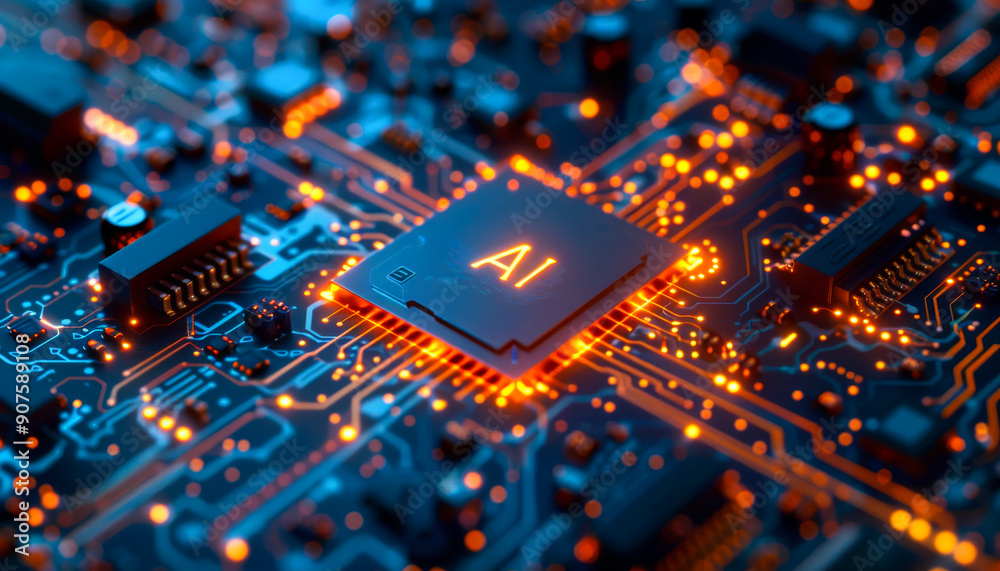 AI Chip Surrounded by Circuitry in a Technology Environment AI Chip Surrounded by Circuitry in a Technology Environment
