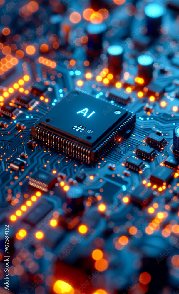 AI Microchip Illuminated on Circuit Board at Night AI Microchip Illuminated on Circuit Board at Night