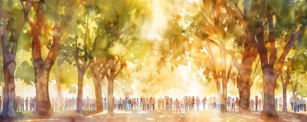 Campaign rally in park, open space filled with people, community spirit, Watercolor style Campaign rally in park, open space filled with people, community spirit, Watercolor style