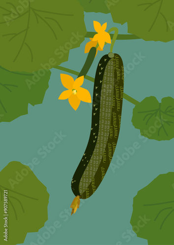 水色を背景にした、家庭菜園で実る夏野菜、緑色のキュウリと黄色い花