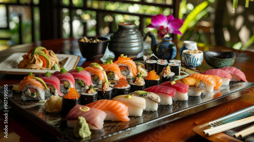 An exquisite assortment of nigiri sushi and maki rolls, featuring tuna, salmon, eel, and avocado, meticulously arranged on a traditional Japanese lacquerware platter