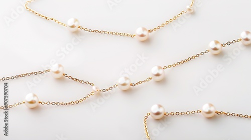 Long Golden Chain with Pearls on White Background