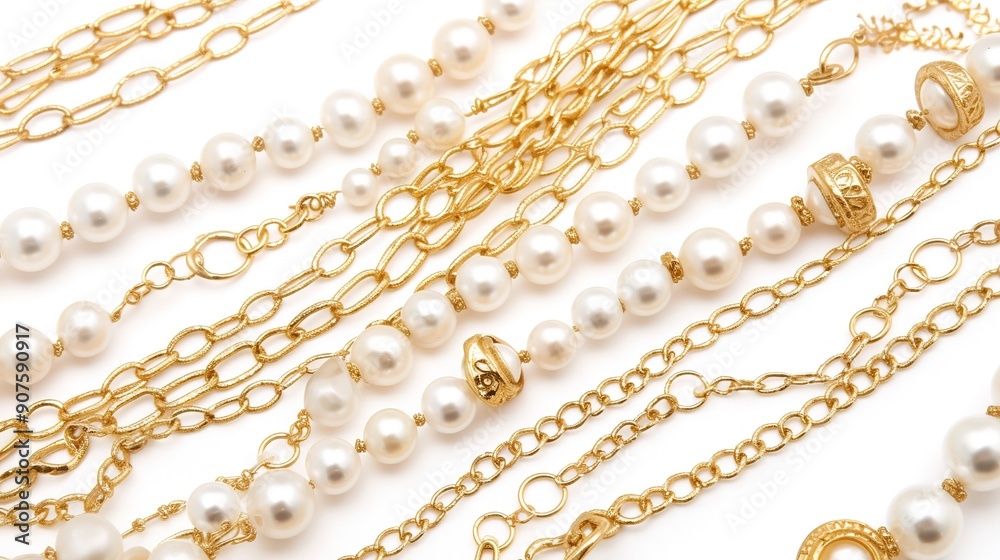 Long Golden Chain with Pearls on White Background Long Golden Chain with Pearls on White Background