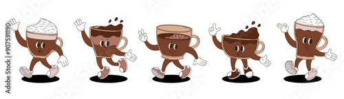 Retro groovy coffee characters set. 