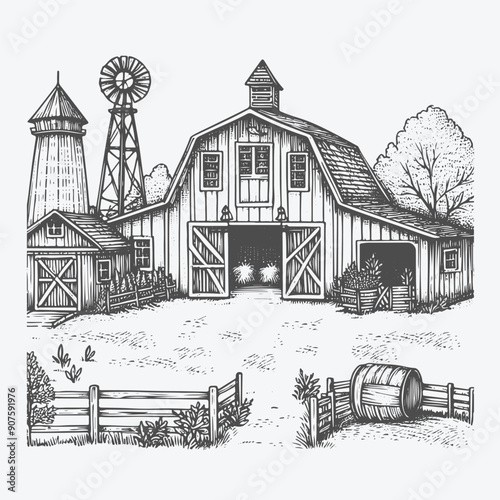 Hand Drawn Farm Landscape Sketch Illustration