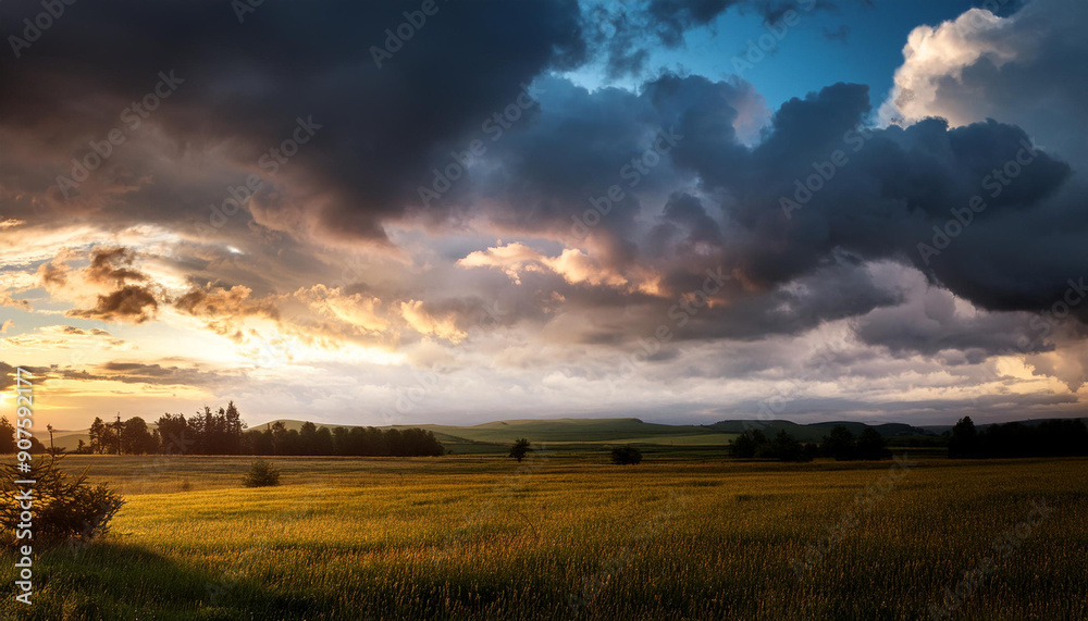Dramatic storm clouds, thunderclouds over green fields under dark, ominous sky. Nature landscape Dramatic storm clouds, thunderclouds over green fields under dark, ominous sky. Nature landscape