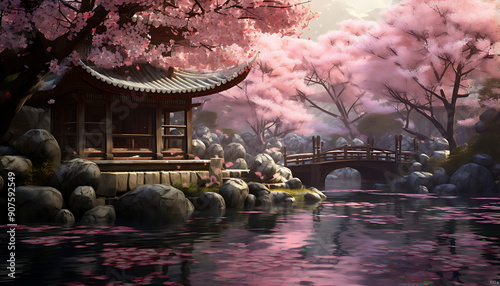 an asian style pagoda in a lake with trees in blossom. Generative ai
