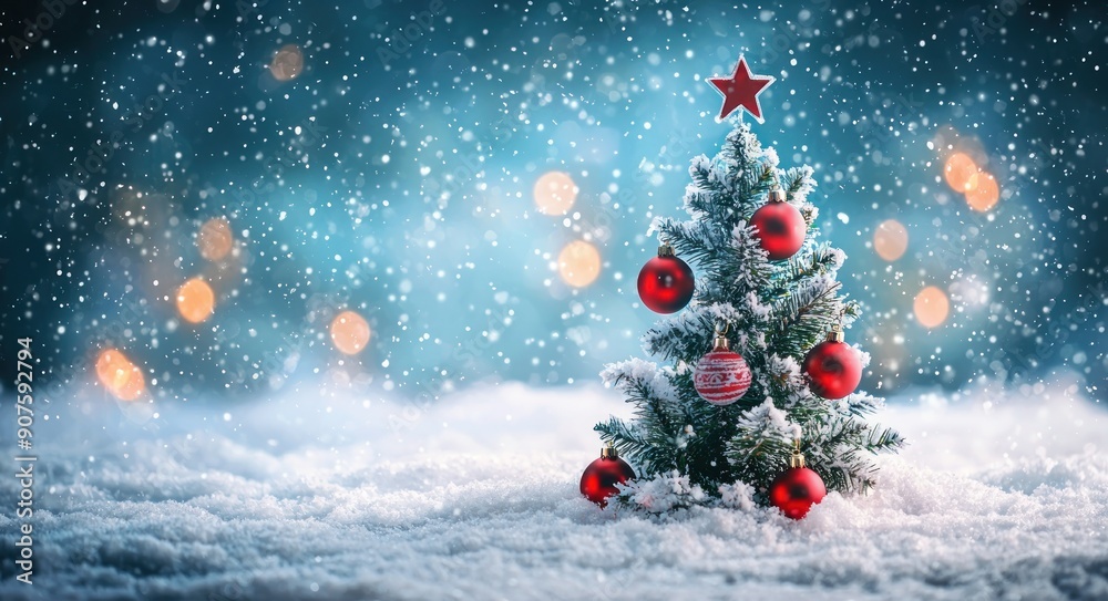 Snow-Covered Christmas Tree with Red Ornaments and Star Topper Against a Sparkling Blue Background - Generative AI Snow-Covered Christmas Tree with Red Ornaments and Star Topper Against a Sparkling Blue Background - Generative AI